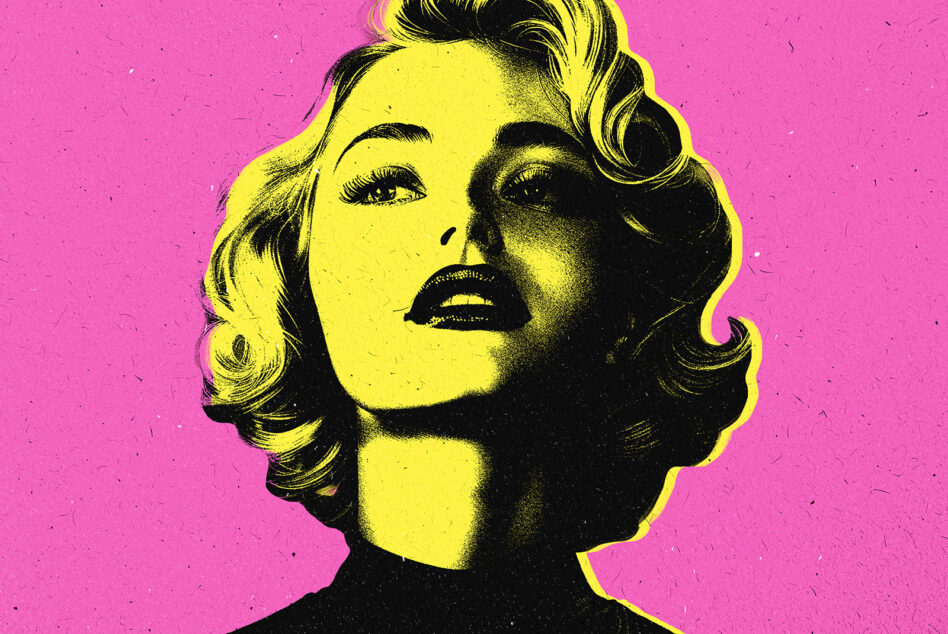 Pop art style graphic of a woman with retro hairstyle. Bright yellow and pink color scheme ideal for digital graphic design, templates, marketing assets.