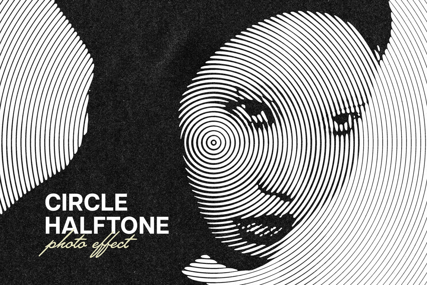 Circle halftone photo effect showing a stylized portrait with concentric lines. Ideal for designers seeking unique graphic templates and visual assets.