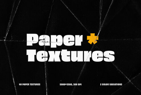 Black textured background featuring bold white text reading Paper Textures. Includes details 40 paper textures, 5000x3500, 300 DPI, 2 color variations for designers.