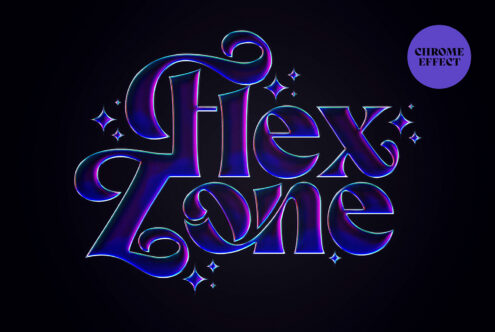 Chrome effect text reading Flex Zone on dark background with neon glow and star accents stunning for modern typography and graphic design projects.