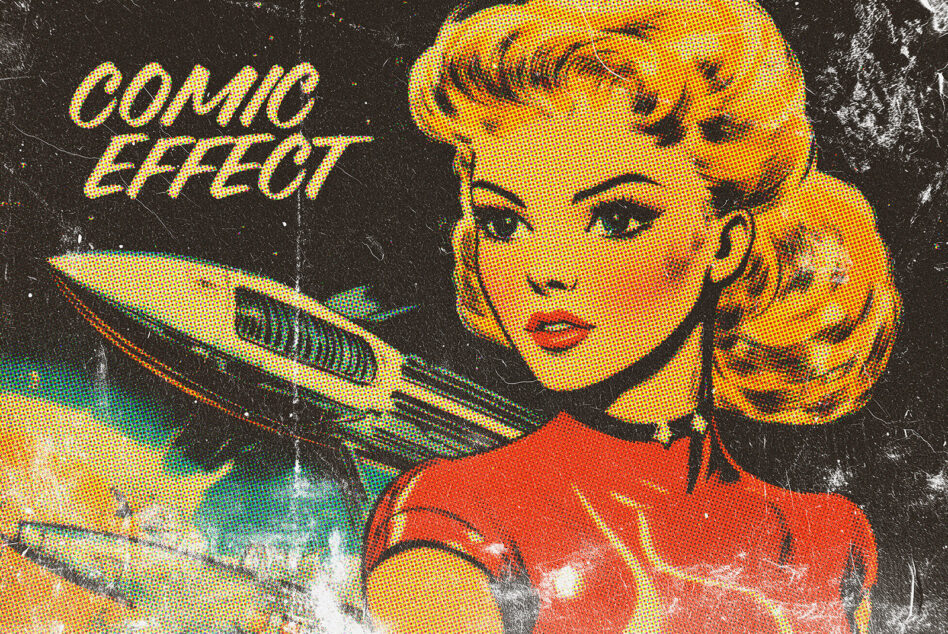 Retro comic book style graphic with vintage spaceship and woman in pop art design ideal for designers seeking unique templates and illustrations.