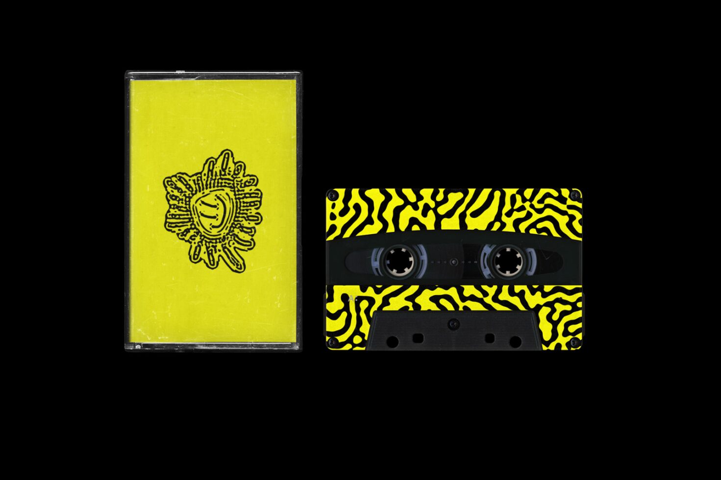 Yellow cassette tape with abstract black patterns and matching case design. Ideal for retro graphic design projects and mockup templates for designers.