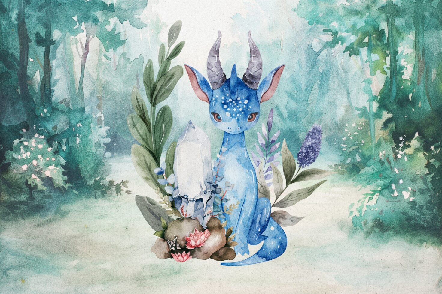 Watercolor fantasy creature illustration with blue dragon and flowers in a mystical forest setting. Ideal for graphics and design projects.