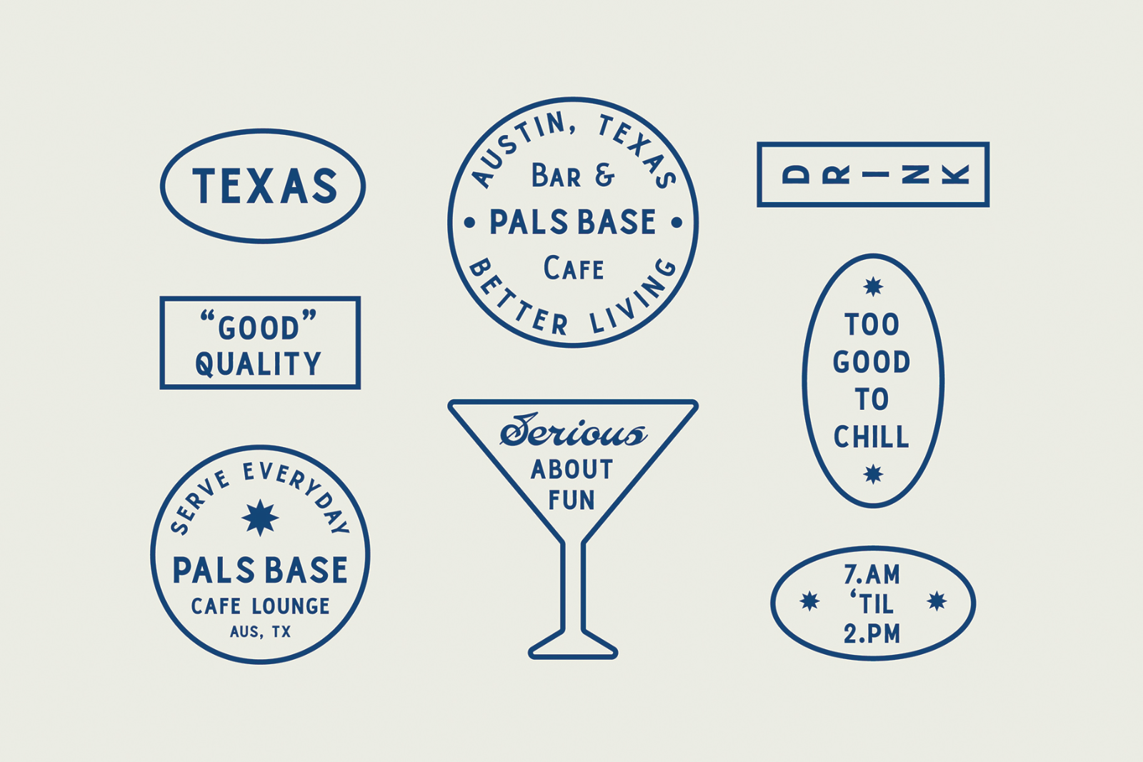 Set of blue minimalist graphic elements with text; Texas; Pals Base Cafe; Drink; ideal for branding mockups, logo design, labels, templates, designers.