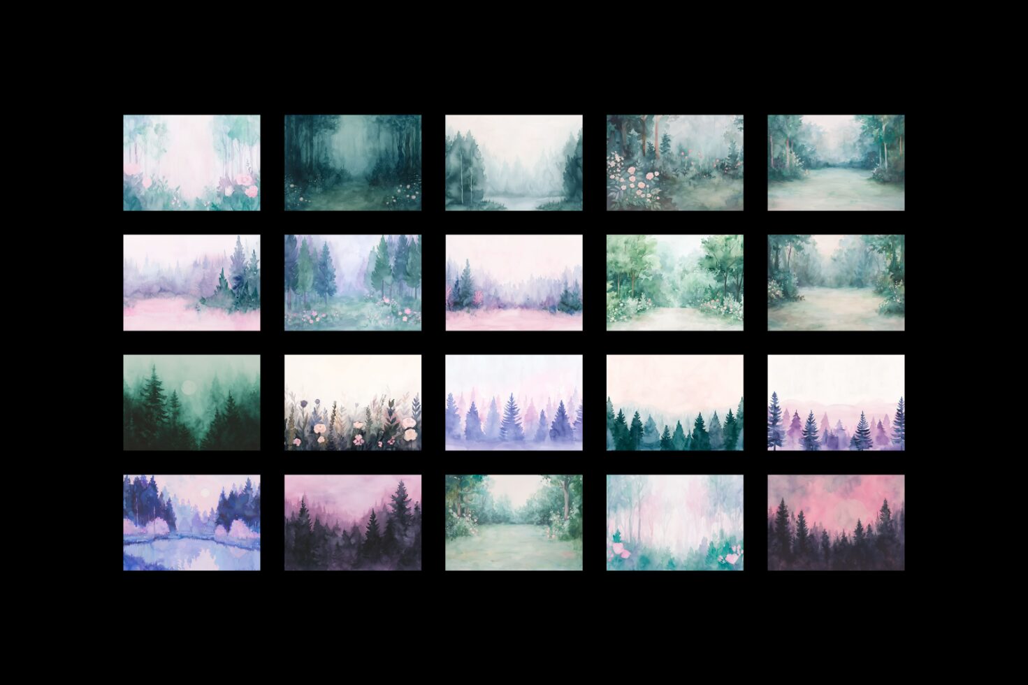 Set of 15 watercolor forest landscapes showcasing various serene nature scenes with trees and flowers. Perfect for digital graphics and design backgrounds.