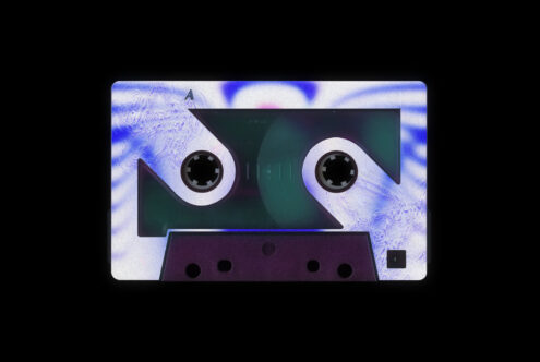 Digital graphic of a retro cassette tape on a black background perfect for designers. Use in templates, mockups, and creative graphics. Vintage style asset.