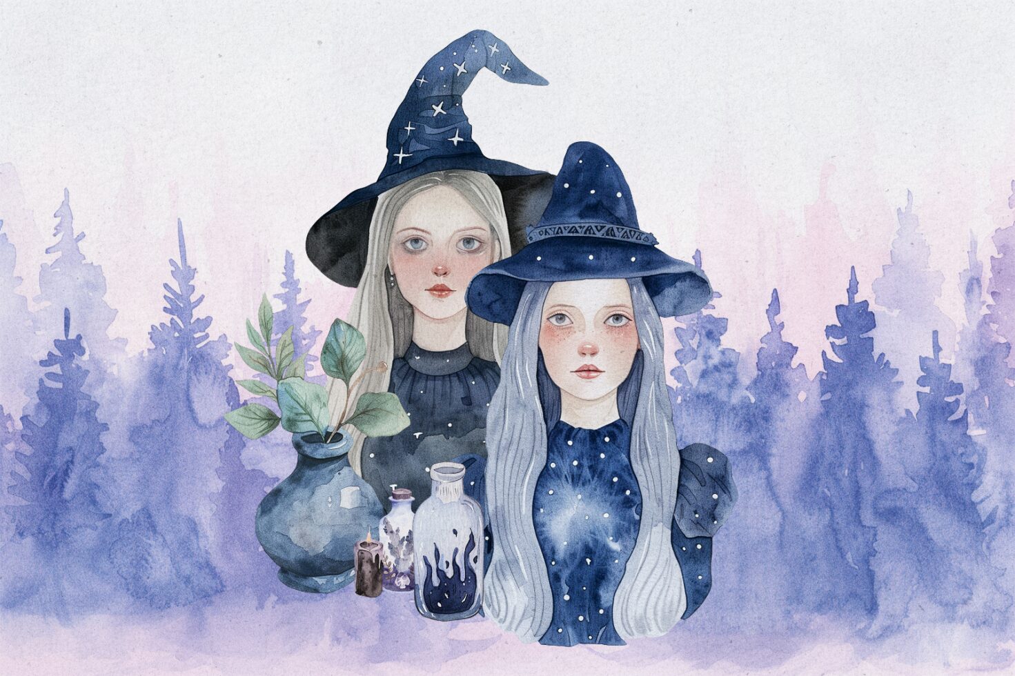 Watercolor illustration of witches with starry hats in a mystical forest setting includes potion bottles and plants perfect for use in graphics or templates.