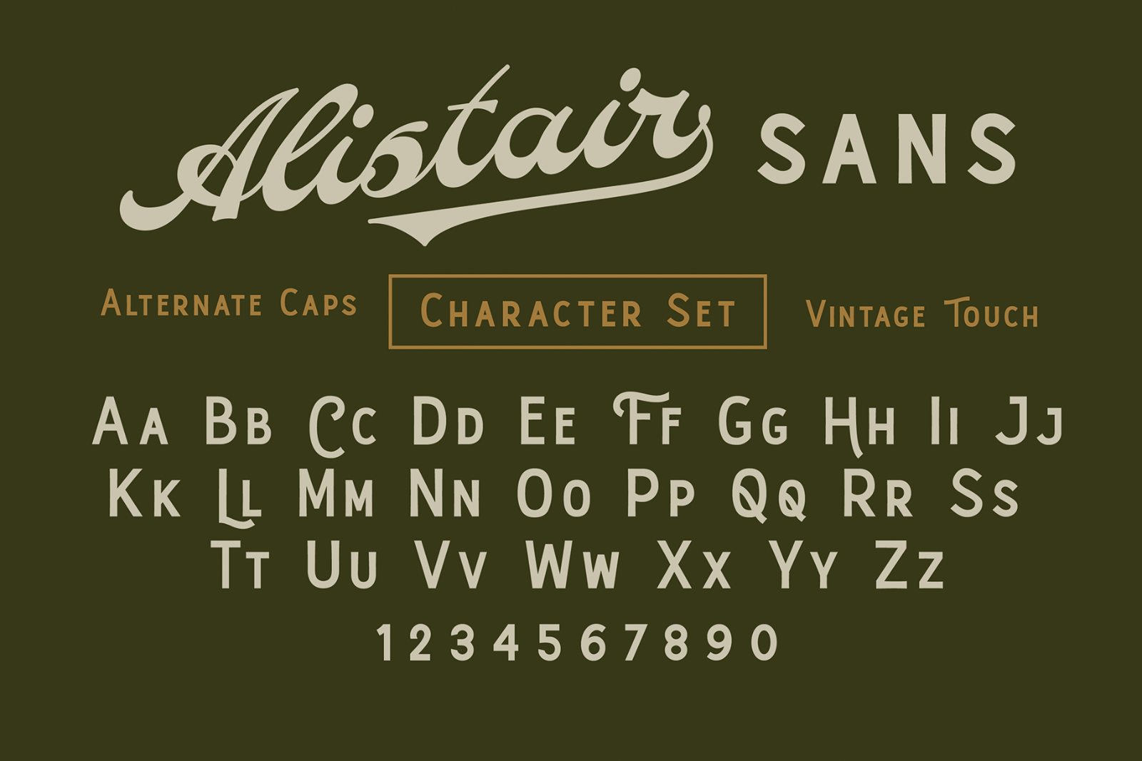 Vintage style sans serif font featuring alternate caps and a complete character set for graphic design and typography projects. Ideal for designers.