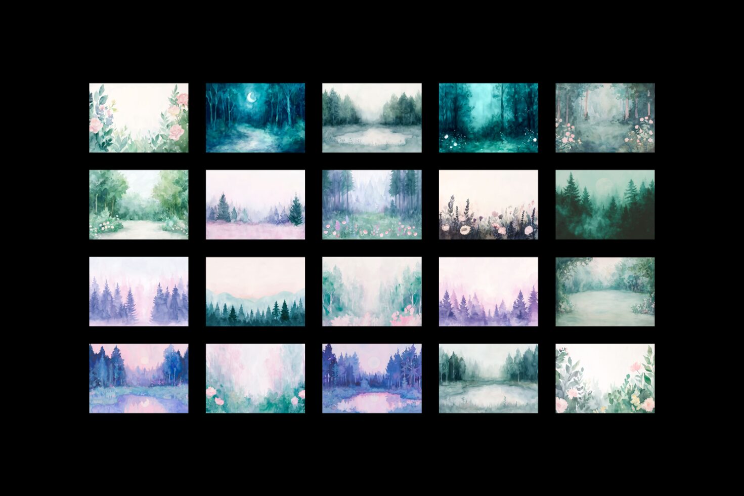 Collection of watercolor landscape graphics for designers featuring serene forests, misty scenes, pastel colors. Perfect for templates and mockups.