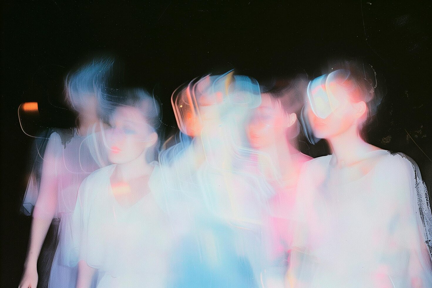 Abstract blurred image of figures with colorful light trails on a dark background ideal for graphics and creative digital assets for designers.