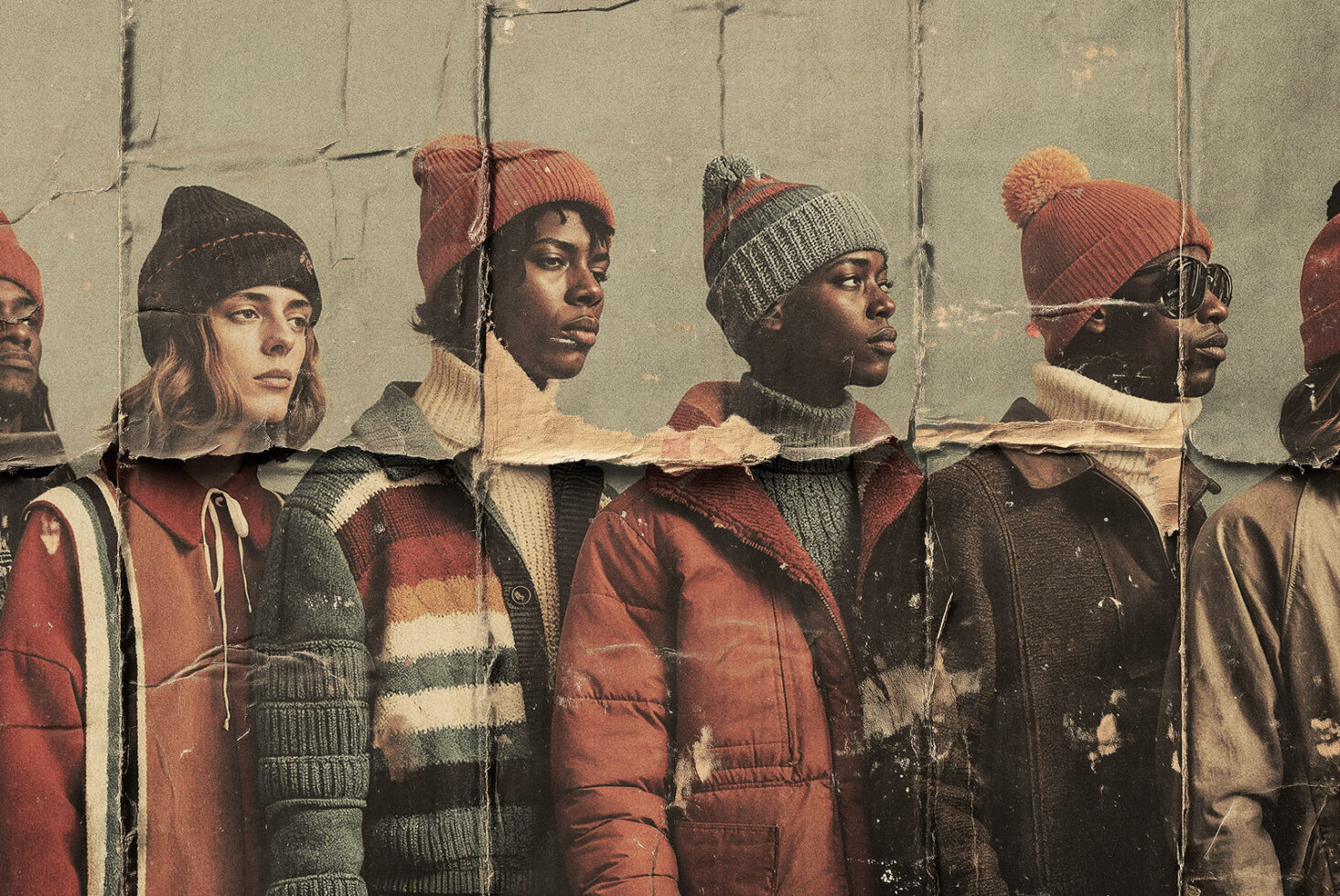 Vintage fashion photo of diverse models in warm clothing wearing beanies with a textured, old paper effect. Ideal for graphic design and art projects.