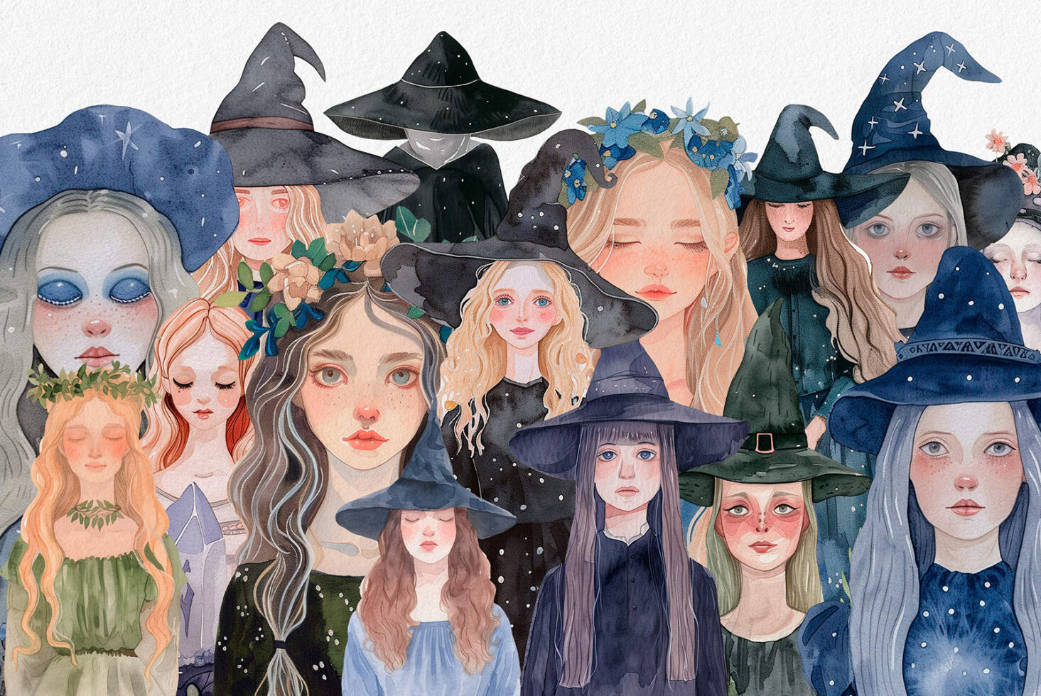 Watercolor illustration of diverse witch characters with hats and floral elements. Ideal for mockups, graphics, and templates in magical themes.