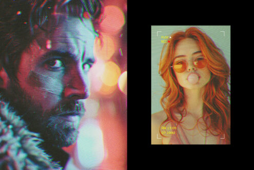 Retro vaporwave photo effect featuring intense close-up portraits. Perfect for graphic designers seeking unique digital art assets and creative templates.