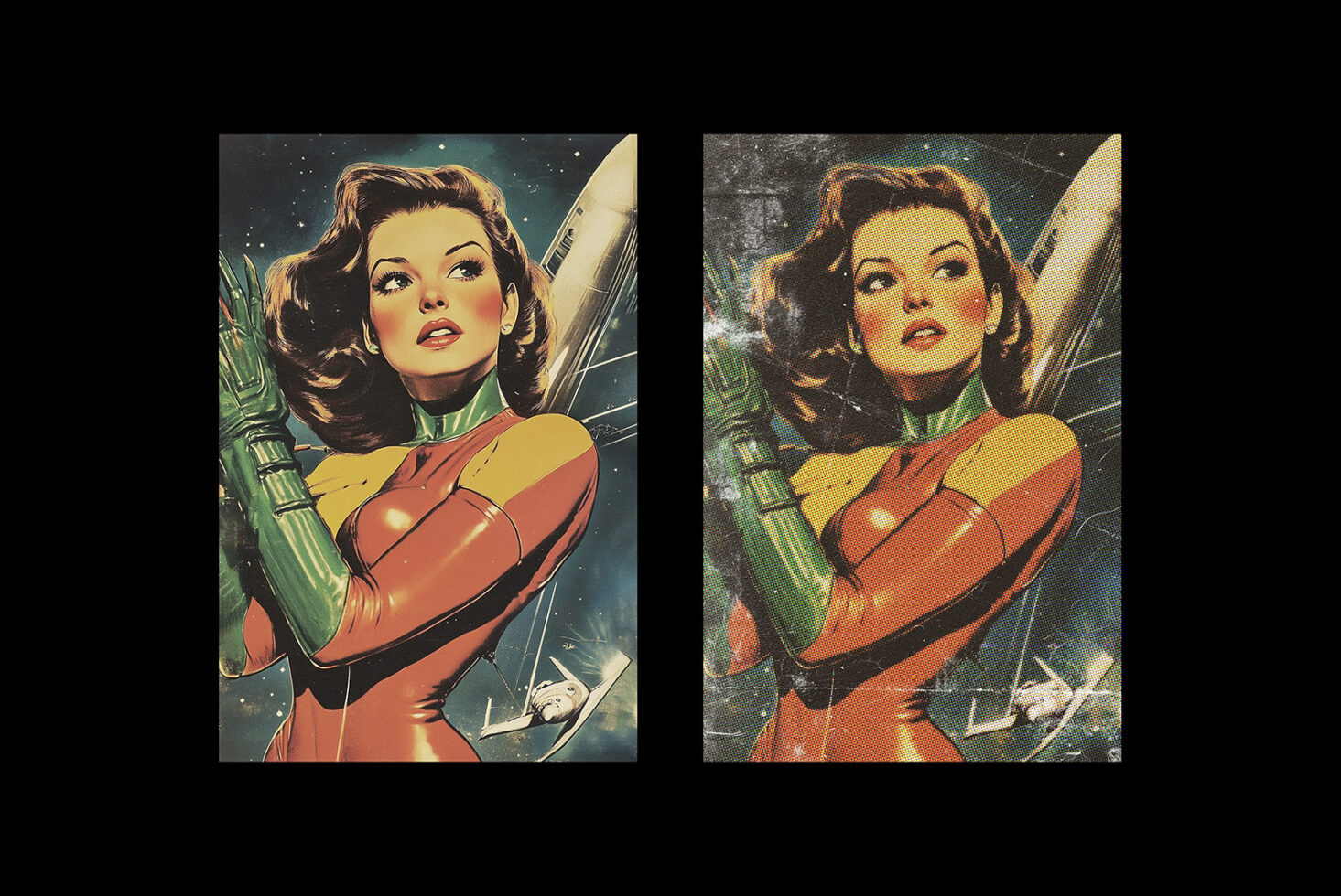 Retro comic book style graphic showcasing a female astronaut in a futuristic suit. Perfect for designers seeking vintage sci-fi illustration assets.