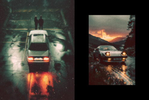 Retro car scenes with cinematic lighting effects in the rain. Ideal for graphic design projects. Keywords: Mockups Graphics Templates Design Assets.