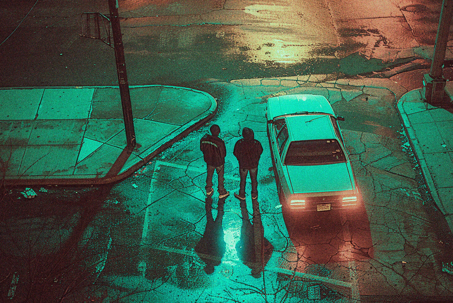 Aerial view of two people near a car on urban wet streets at night with neon lighting. Ideal for graphic designers. Night cityscape, moody aesthetics.