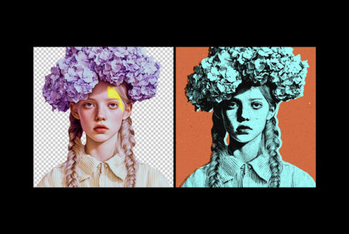 Portrait of a girl with floral headdress in a dual style mockup. Perfect for graphic design projects. Keywords fashion art digital assets designers.