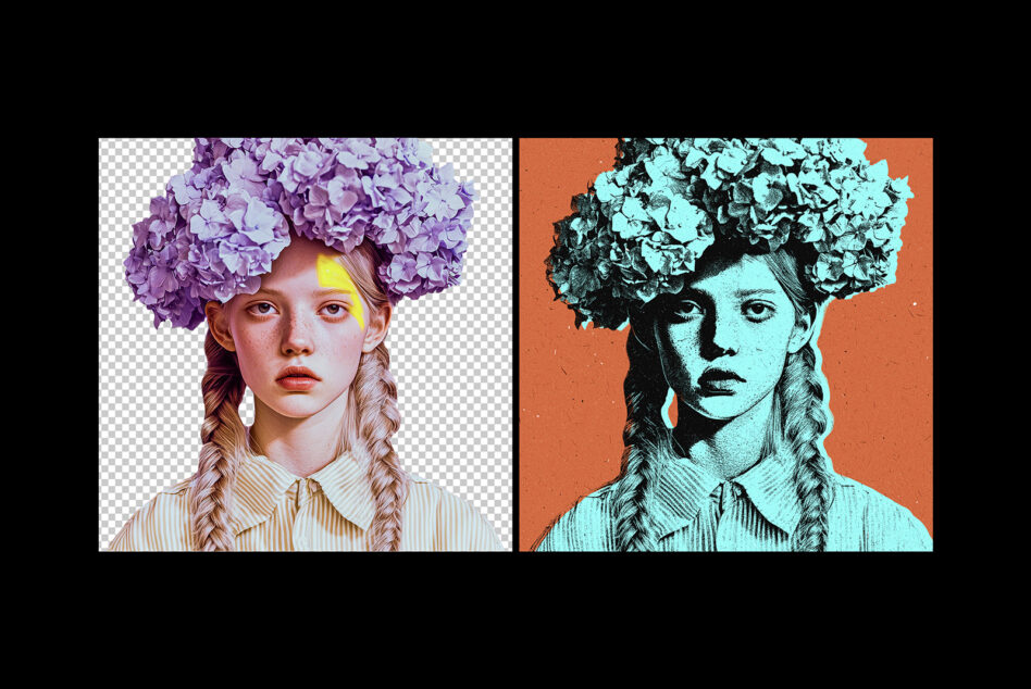 Portrait of a girl with floral headdress in a dual style mockup. Perfect for graphic design projects. Keywords fashion art digital assets designers.