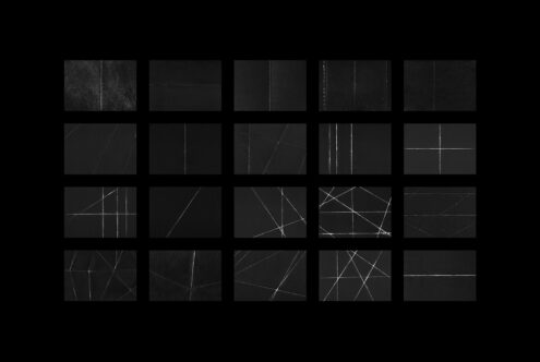 Black background with 20 square graphic textures featuring abstract white lines and grids, perfect for design templates and digital assets for designers.