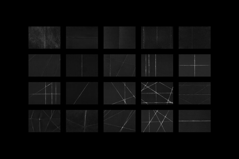 Black background with 20 square graphic textures featuring abstract white lines and grids, perfect for design templates and digital assets for designers.