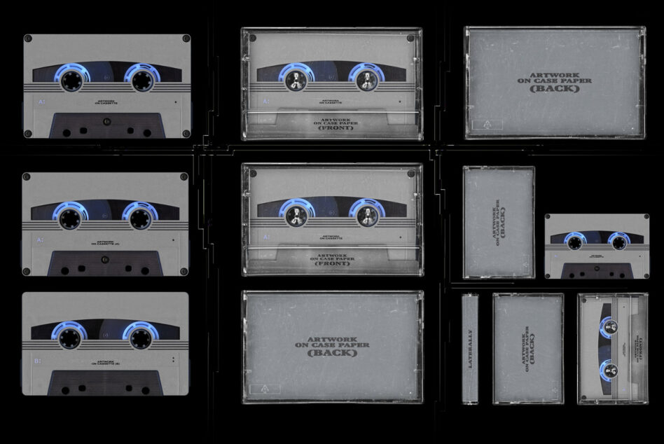 Cassette tape mockup set including front back and side views with editable label layouts for graphic designers vintage design audio template cassette