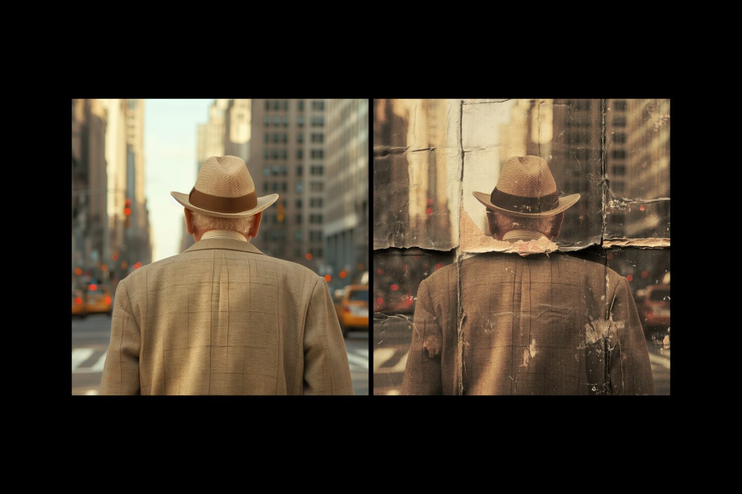 Man in hat walking in city with modern and vintage split view ideal for graphic design overlays textures mockups digital asset marketplace visual SEO