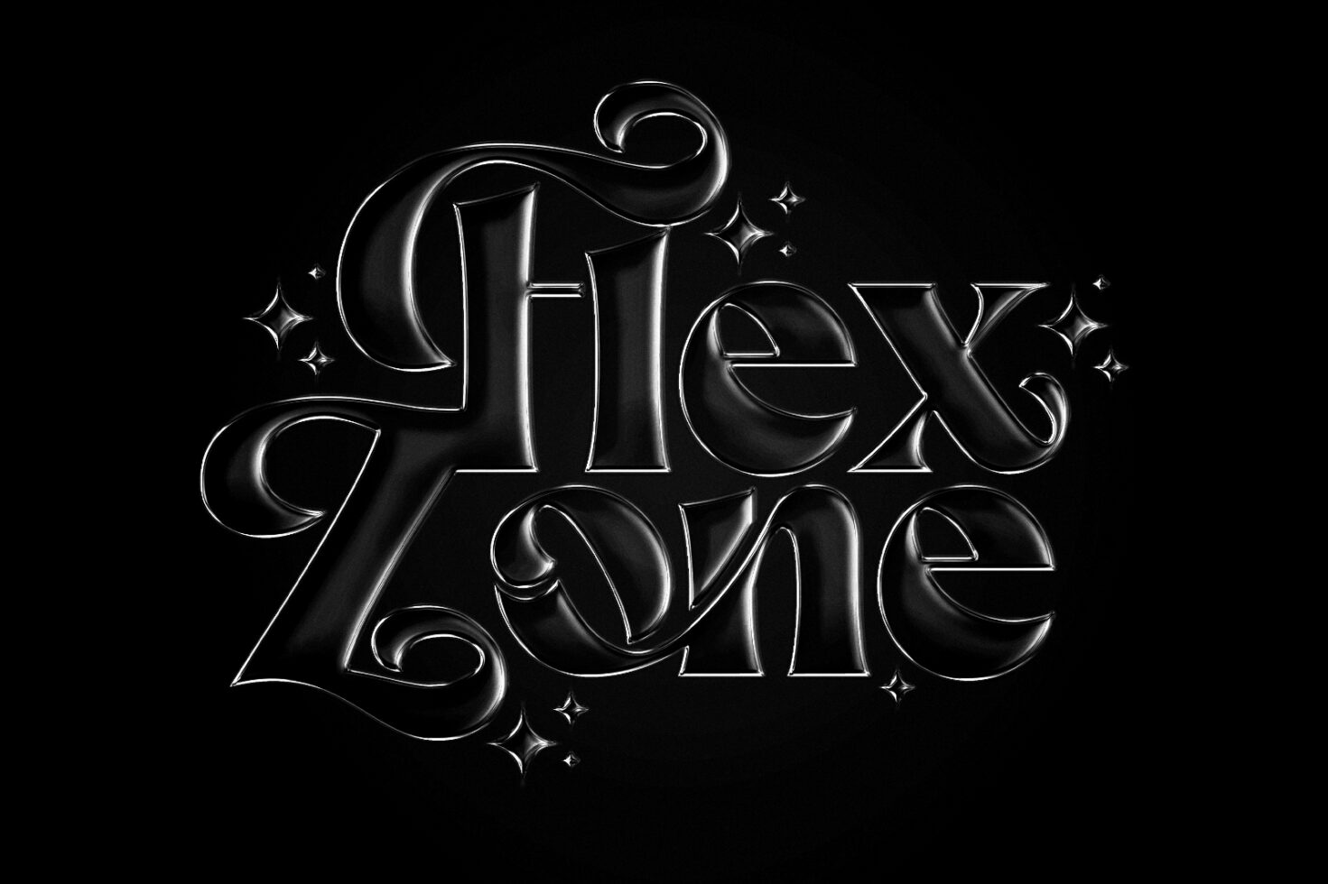 Bold decorative typography Flex Zone in glossy black with elegant serifs and sparkles against a dark background perfect for creative font design.