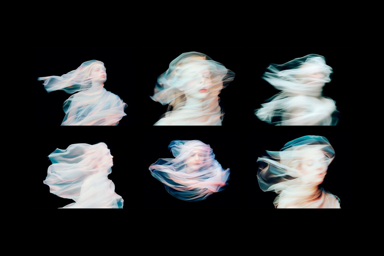 Abstract blurry portraits on black background featuring ethereal flowing fabric effect perfect for creative graphics visual design and digital art projects.