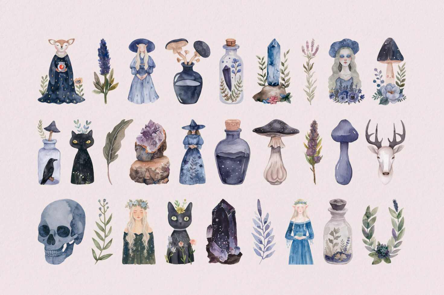 Watercolor illustration set featuring mystical characters plants crystals and mushrooms. Ideal for graphic designers seeking unique elements for templates.