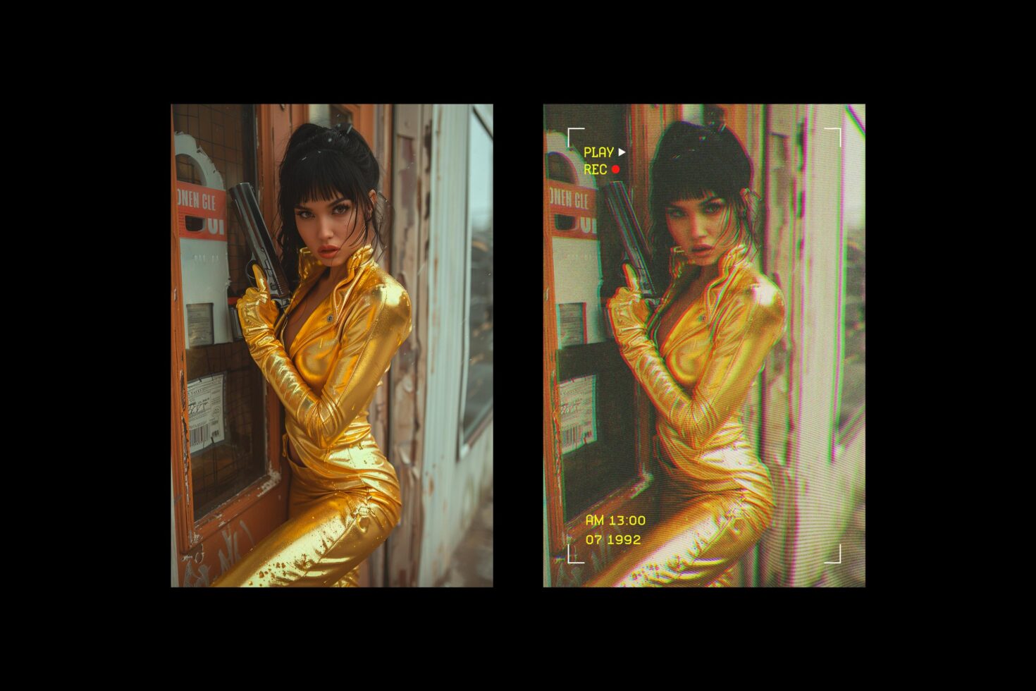 Retro-inspired graphic for designers featuring a woman in a gold bodysuit holding a gun with VHS effects. Perfect for creative and cinematic projects.