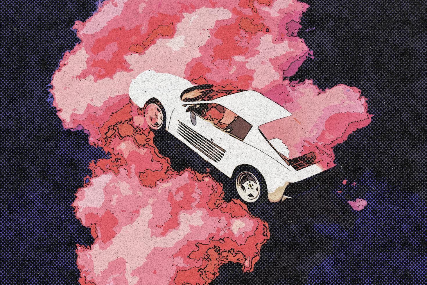 Vintage car graphic with pop art style halftone texture and vibrant pink clouds in the background; ideal for designers seeking unique illustration assets.