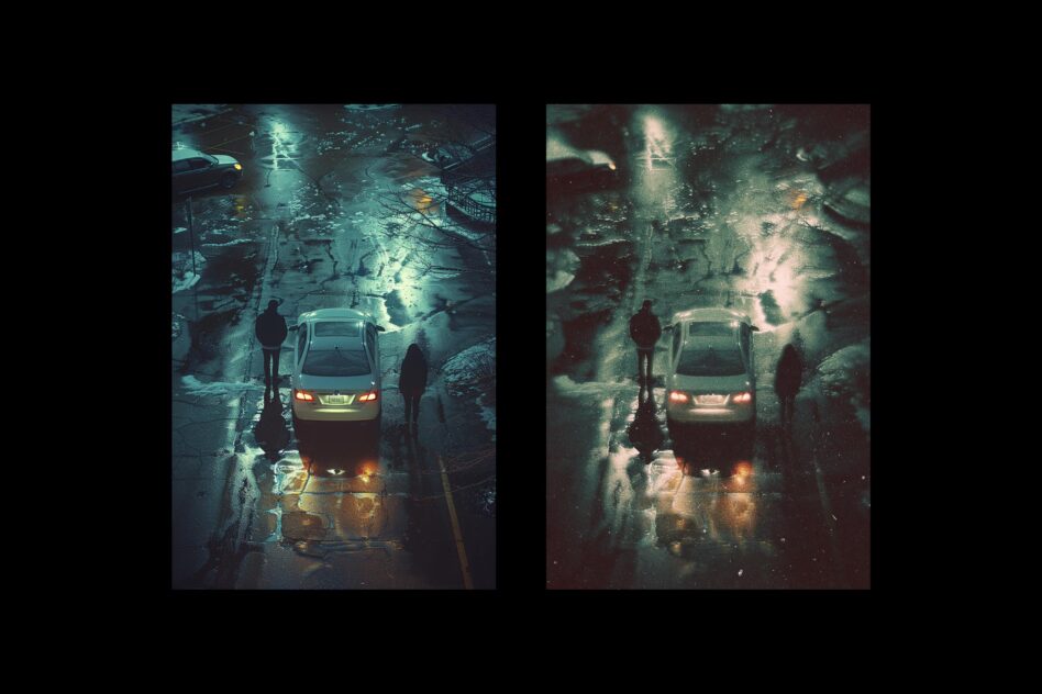 Street scene mockup showing two figures by a car on a wet road with reflections. Ideal for designers seeking atmospheric urban graphics or template assets.