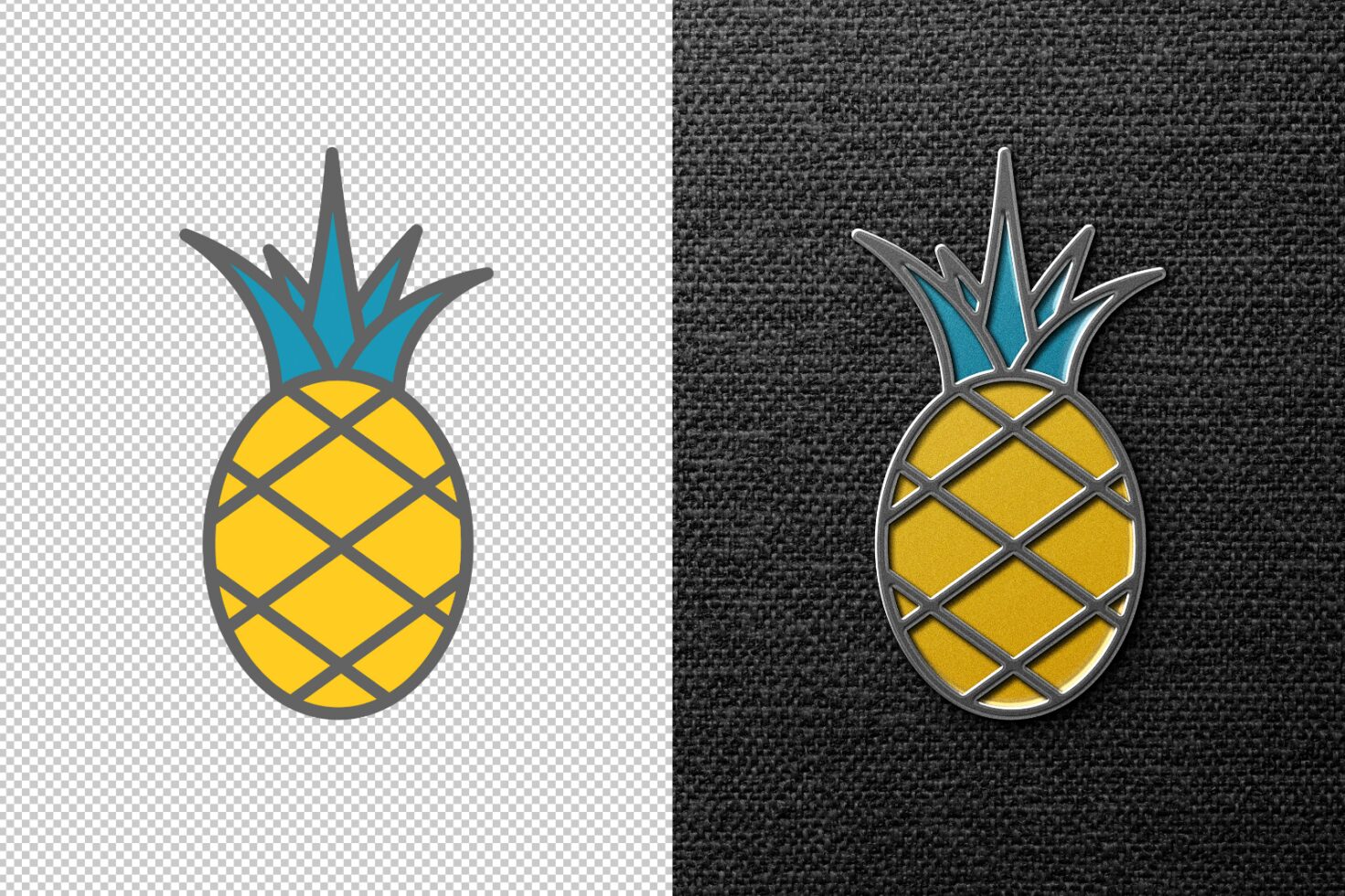 Digital pineapple enamel pin mockup on textured background and transparent layer. Ideal for graphic designers seeking unique assets. Perfect for templates.