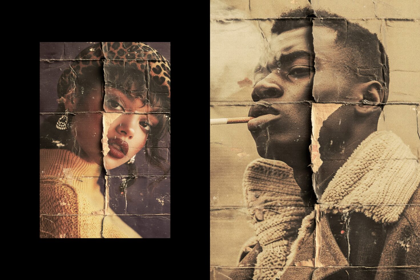 Vintage torn photo collage of two portraits with textured effects. Ideal for graphic design templates. Keywords: vintage, collage, textured, templates.