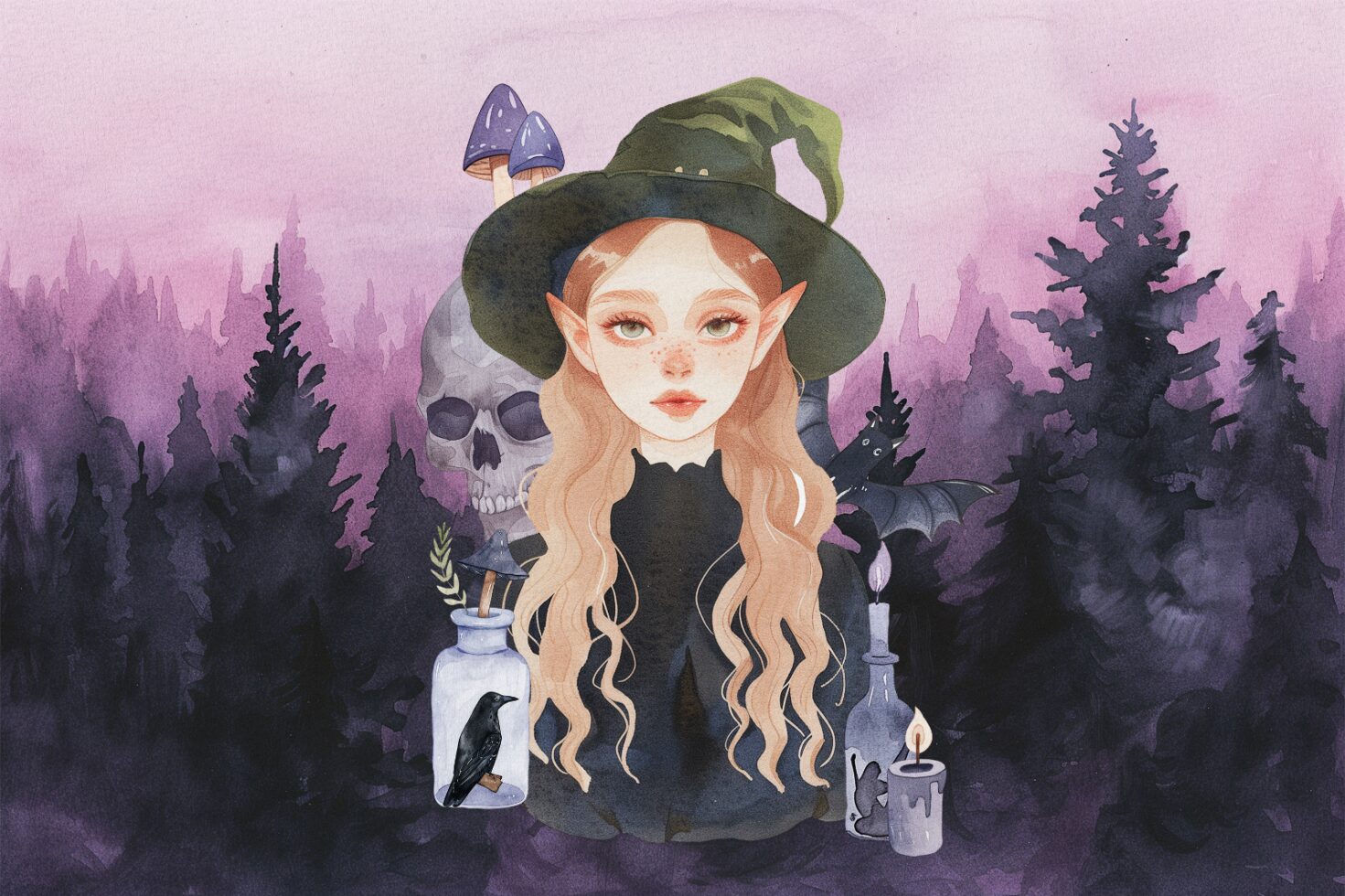 Watercolor fantasy illustration featuring an elven girl in a witch hat with a forest background ideal for Halloween graphics and design projects.