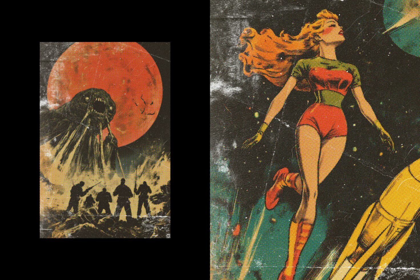 Retro sci-fi comic book illustration featuring a superheroine and a cosmic battle scene, ideal for graphics or template design. Vintage style, fantasy theme.