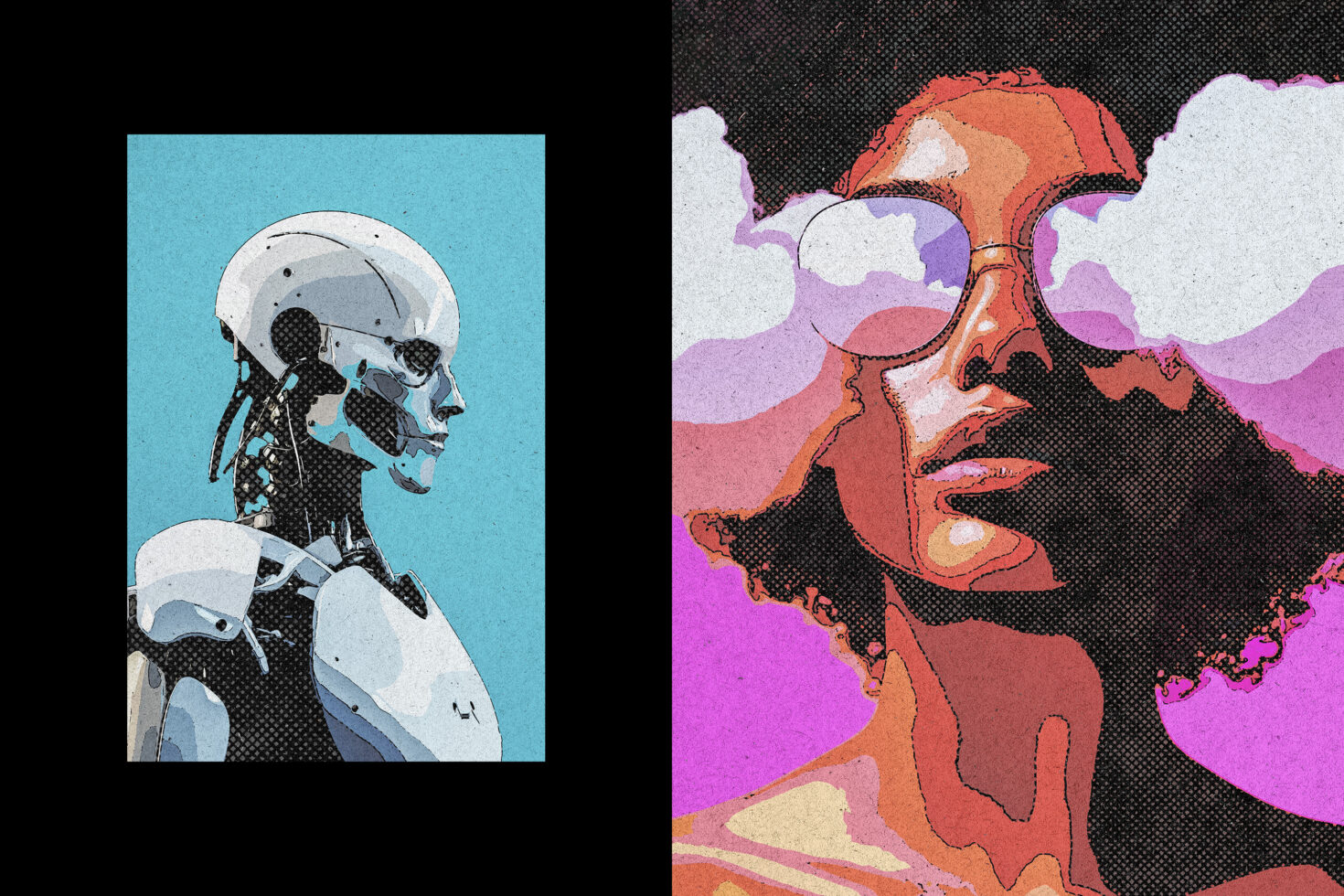 Digital poster featuring a futuristic robot and abstract woman with sunglasses; vibrant colors and halftone style. Ideal for designers and graphic assets.