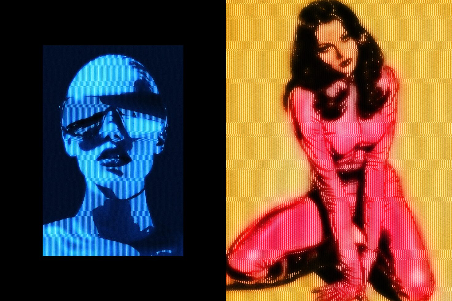 Digital artwork depicting futuristic portraits. Left side features a blue holographic figure with shades, right side a vibrant pink figure on yellow background.