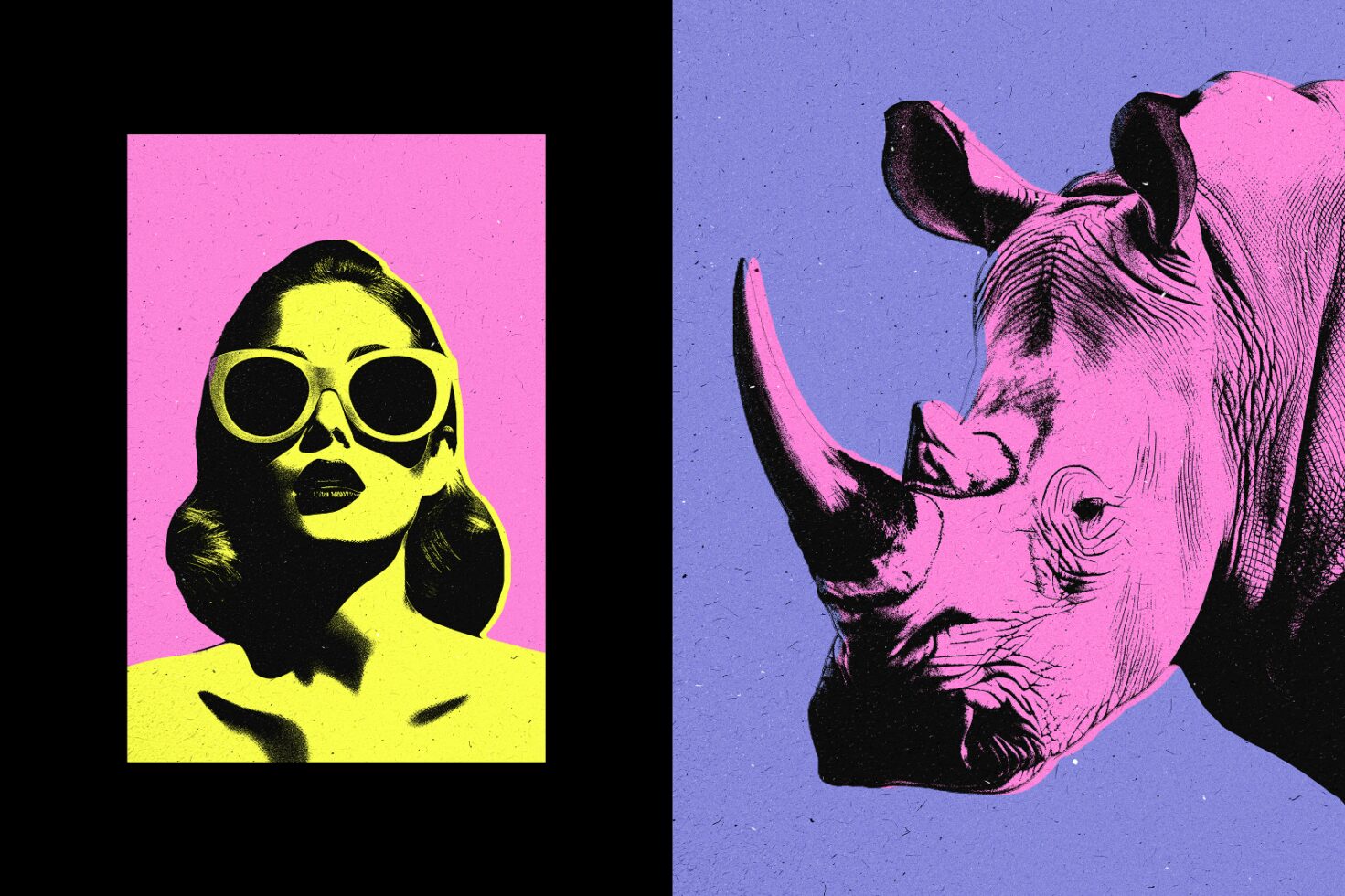 Pop art style image featuring a retro woman in sunglasses on pink and an abstract rhino on purple. Perfect for designers seeking vibrant graphics templates.