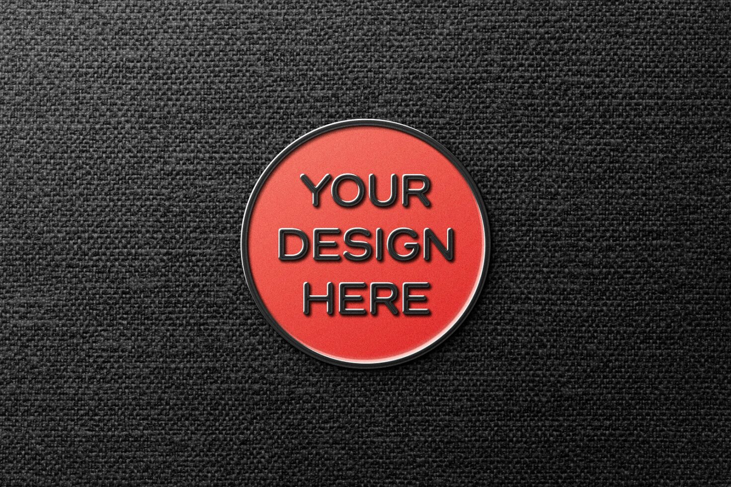 Round red pin mockup template on black fabric background for designers to customize. Ideal for showcasing logos branding and promotional designs.