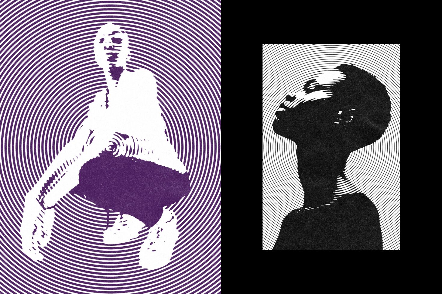 Psychedelic graphic design featuring a purple and black halftone silhouette over concentric circles. Ideal for creatives in templates and graphics.