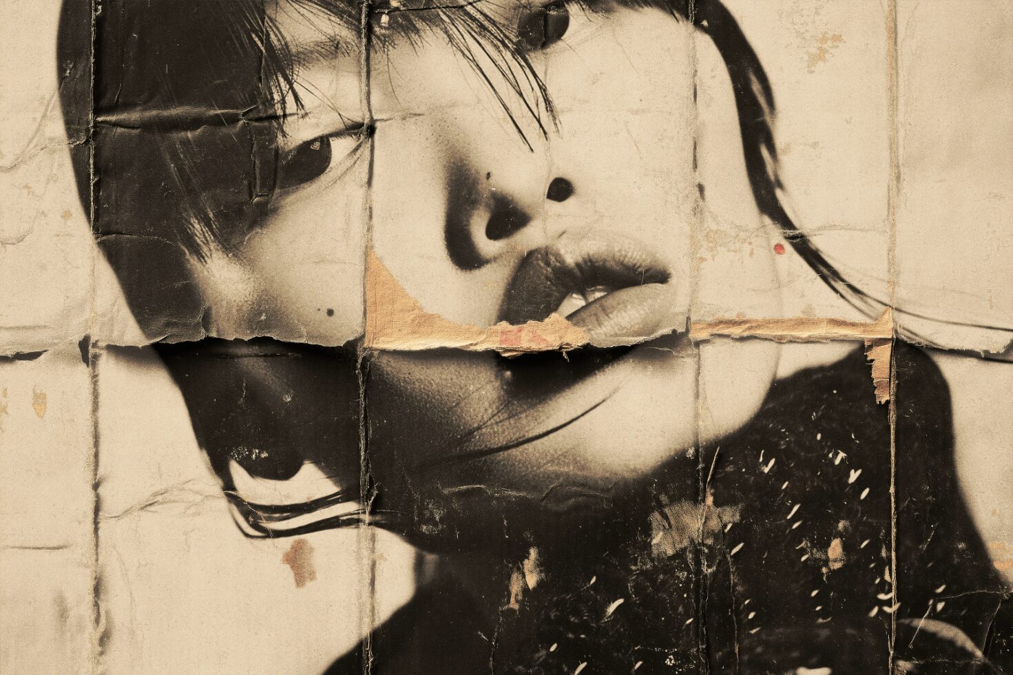 Collage of a woman's face on aged torn paper creating a vintage artistic texture. Ideal for mockups, graphic design, poster templates, creative projects.