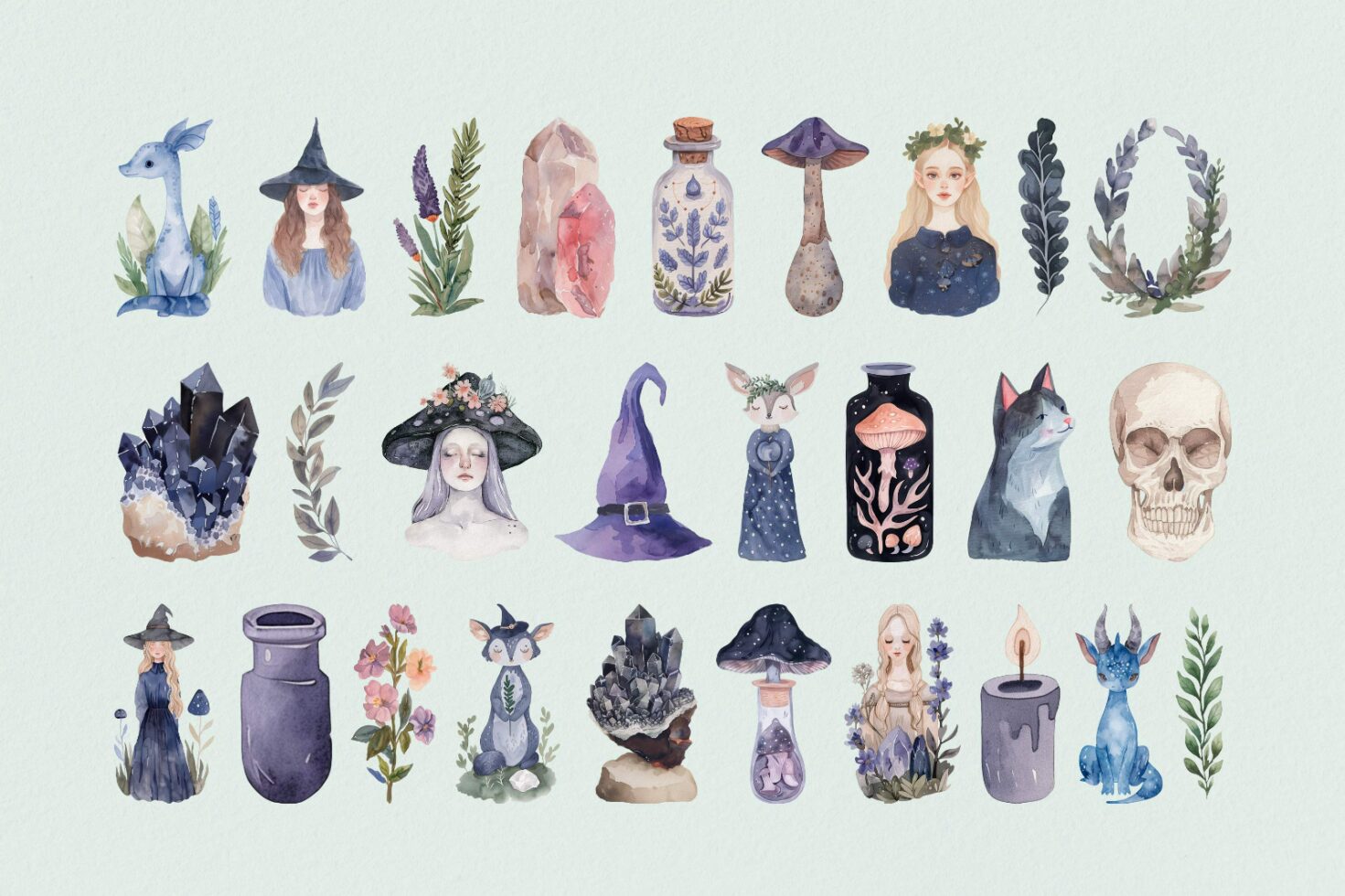 Watercolor fantasy graphics set featuring mystical elements like a witch's hat, skull, crystals, herbs, mystical animals. Ideal for designers creating magical themes.