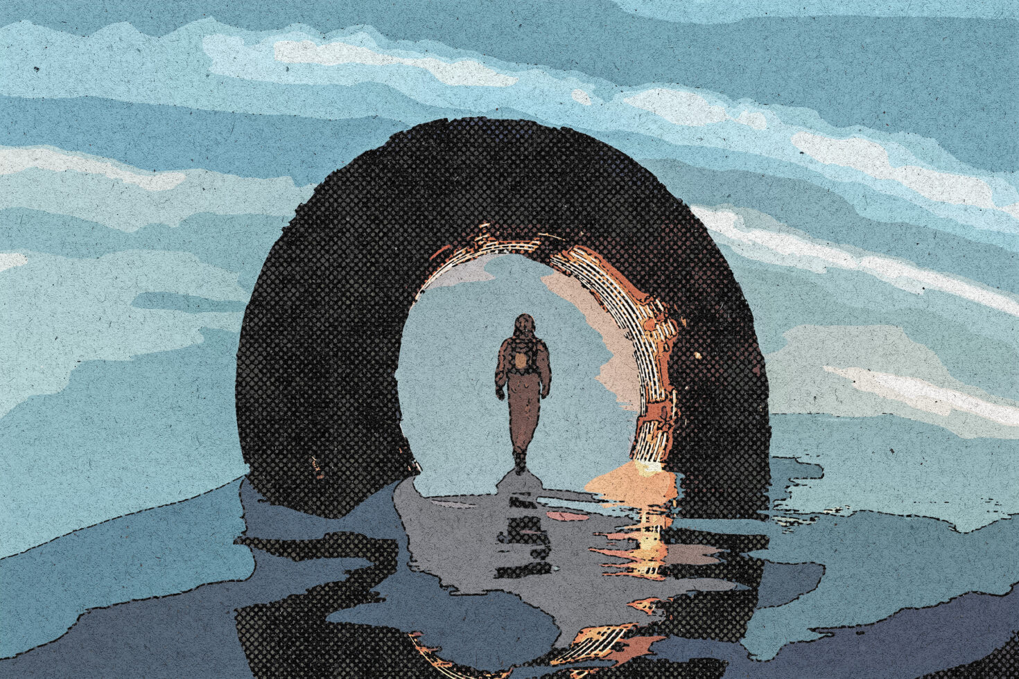 Abstract graphic of a person standing inside a circular archway with water reflection. Ideal for use in artistic designs and creative templates.