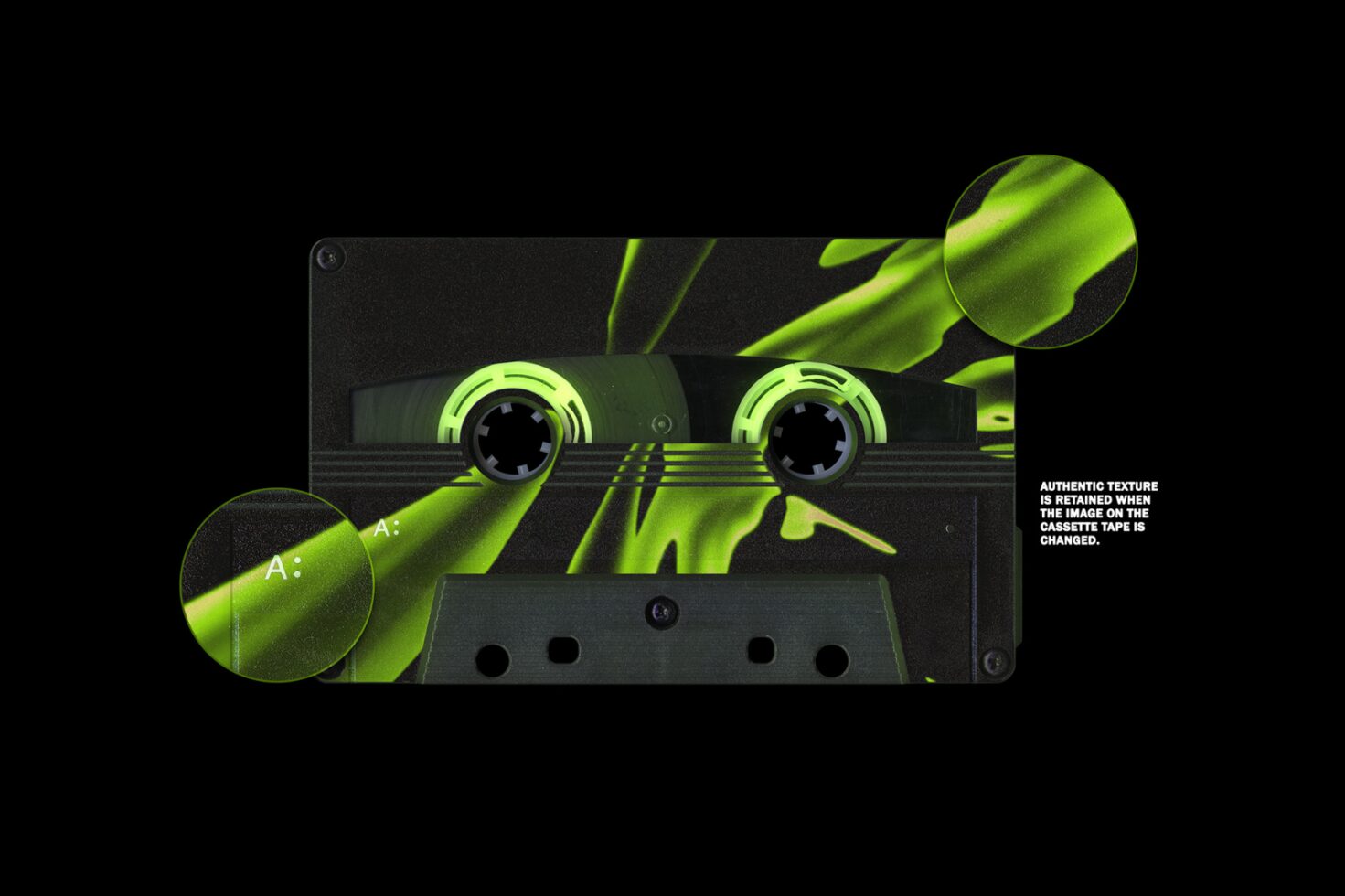 Retro cassette mockup with neon green abstract design on a black background highlighting texture details for designers digital assets SEO keywords.