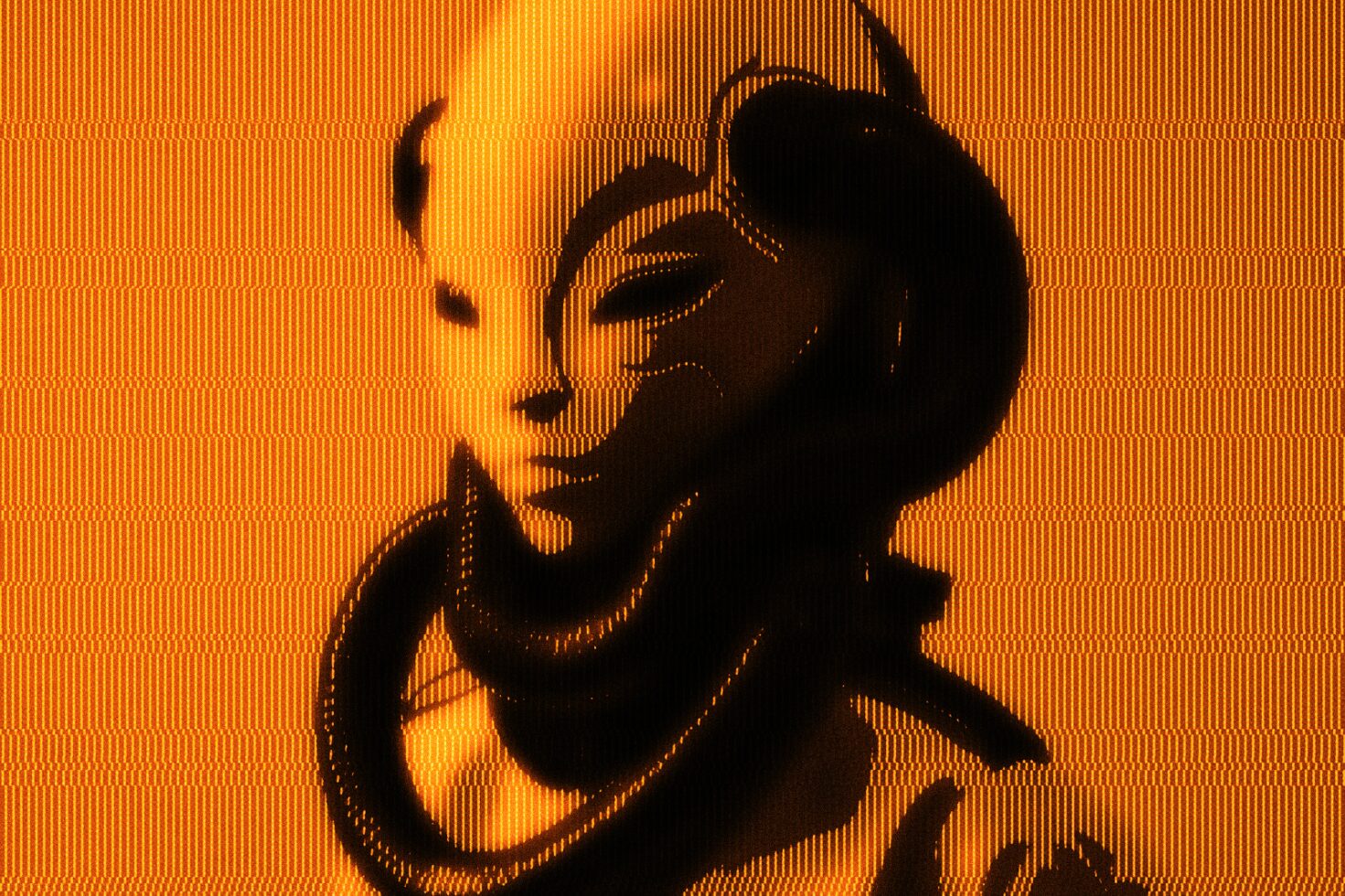 A stylized digital illustration of an abstract humanoid figure in orange and black with pixelated texture. Perfect for sci-fi graphics and design inspiration.