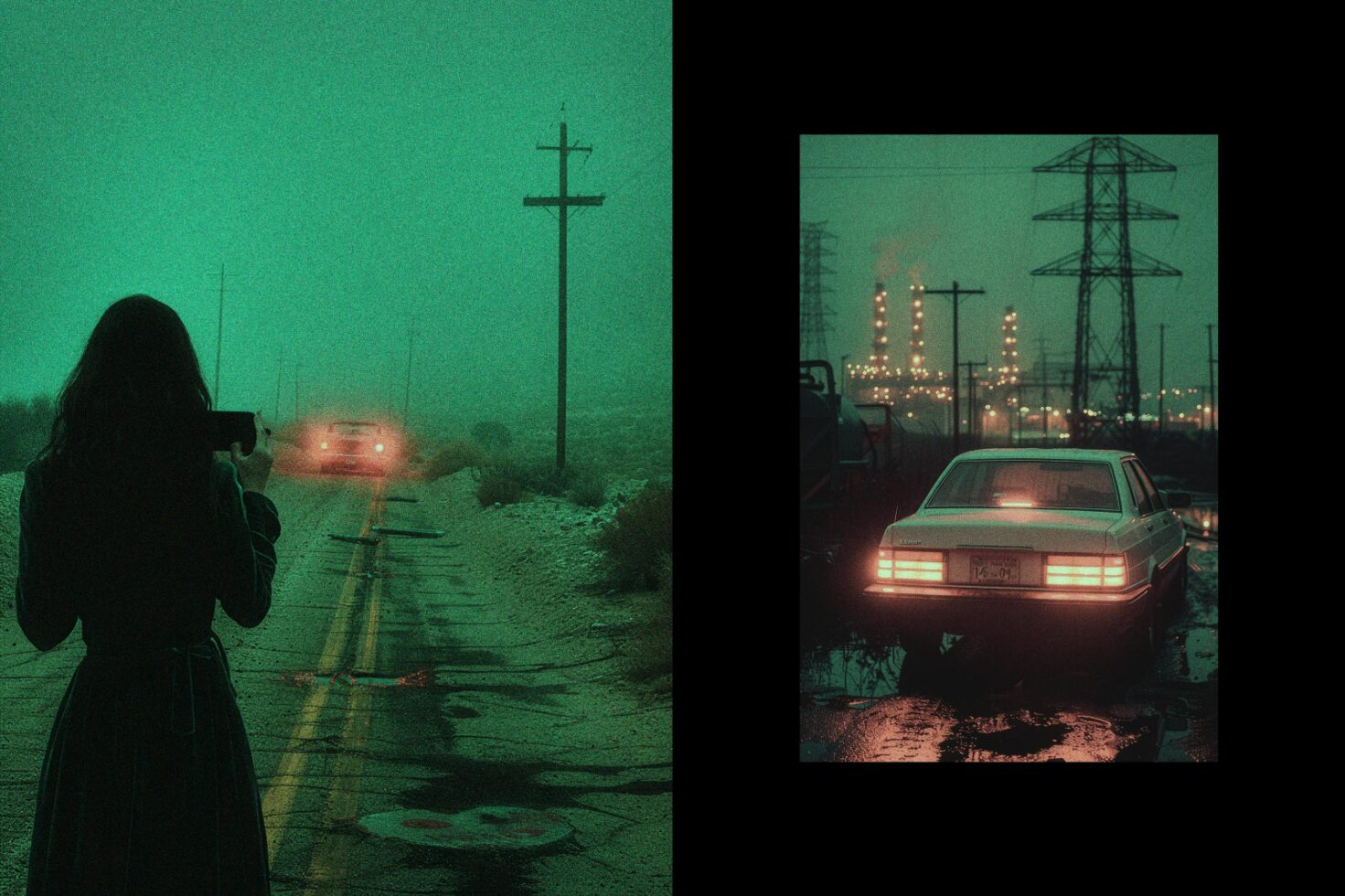 Eerie green retro aesthetic capturing a lone figure photographing a vintage car on a misty road with industrial backdrop. Perfect for design moodboards.