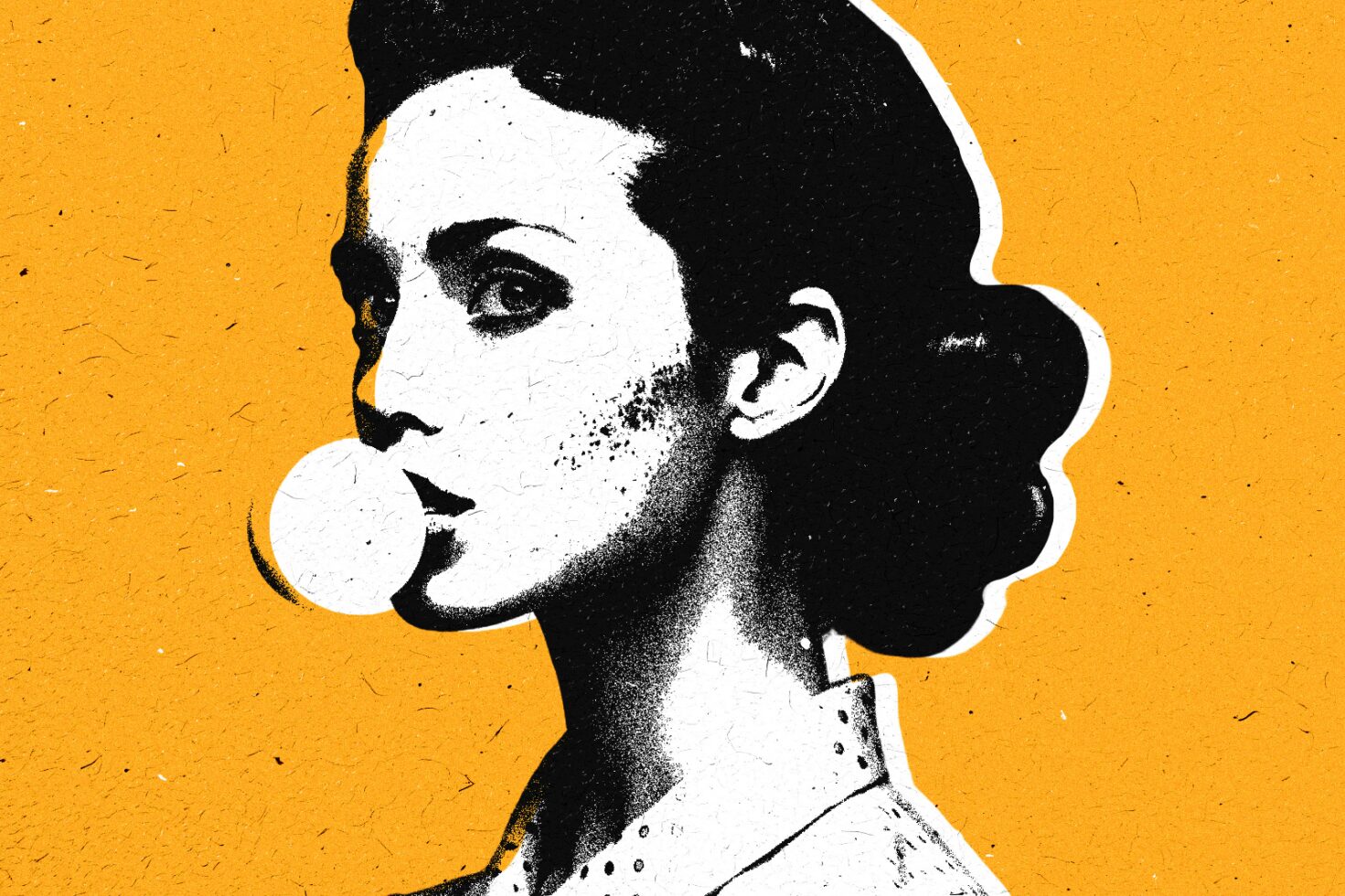 Half-tone graphic portrait of a woman blowing bubblegum on a textured orange background. Ideal for mockups, graphic design projects, and creative templates.