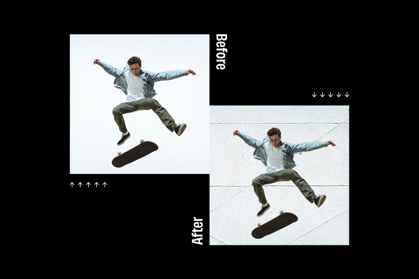 Before and after photo edit of skateboarder mid-air jump showcasing color correction, contrast and texture effects; ideal for digital design templates and mockups.