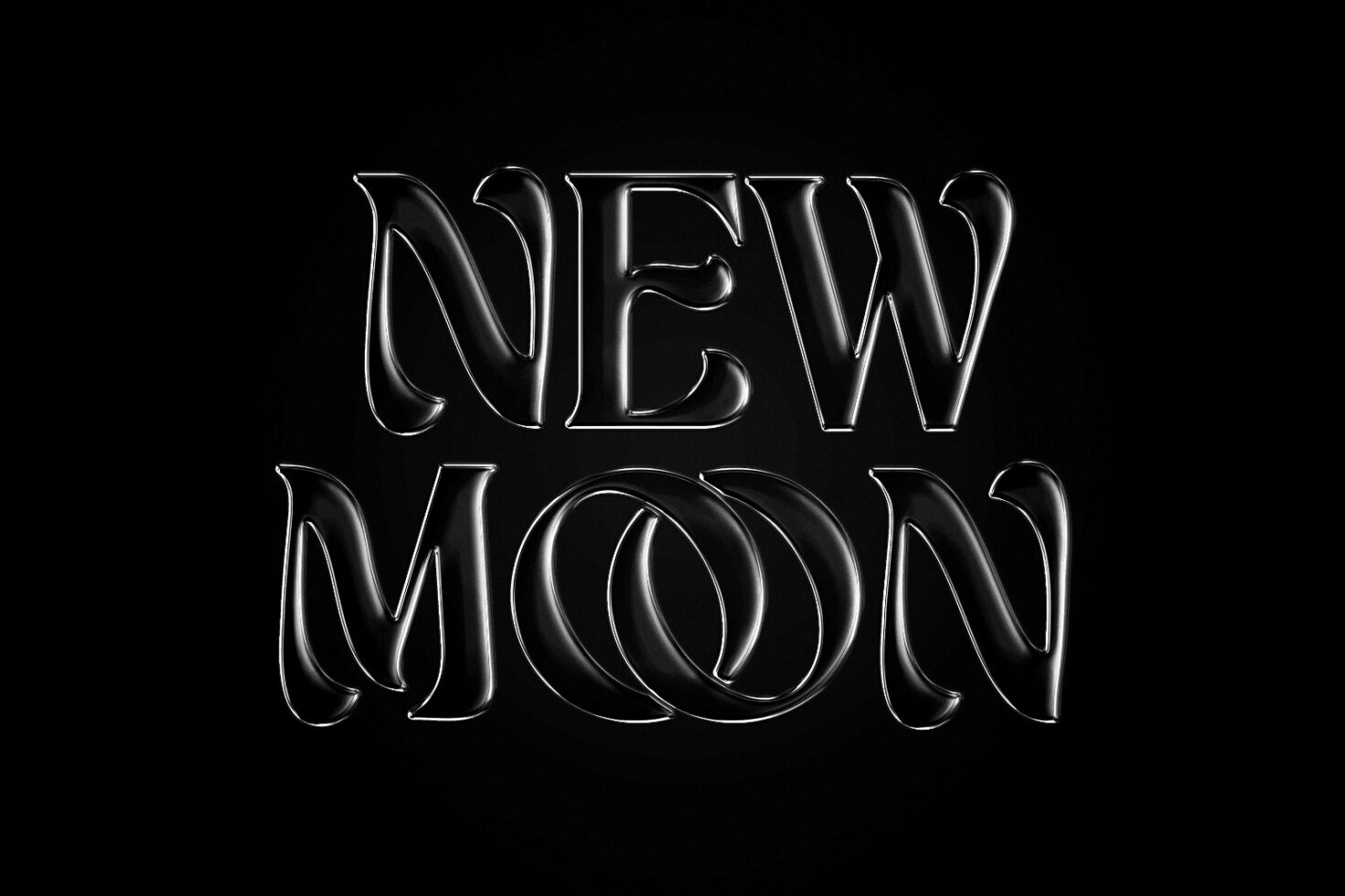 Elegant 3D metallic text reads New Moon on a black background. Ideal for designers seeking unique fonts and typography assets for creative projects.